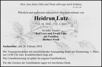 Traueranzeige von Heidrun Lutz von Fränkische Nachrichten