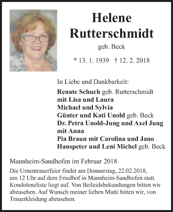 Traueranzeige von Helene Rutterschmidt von Mannheimer Morgen