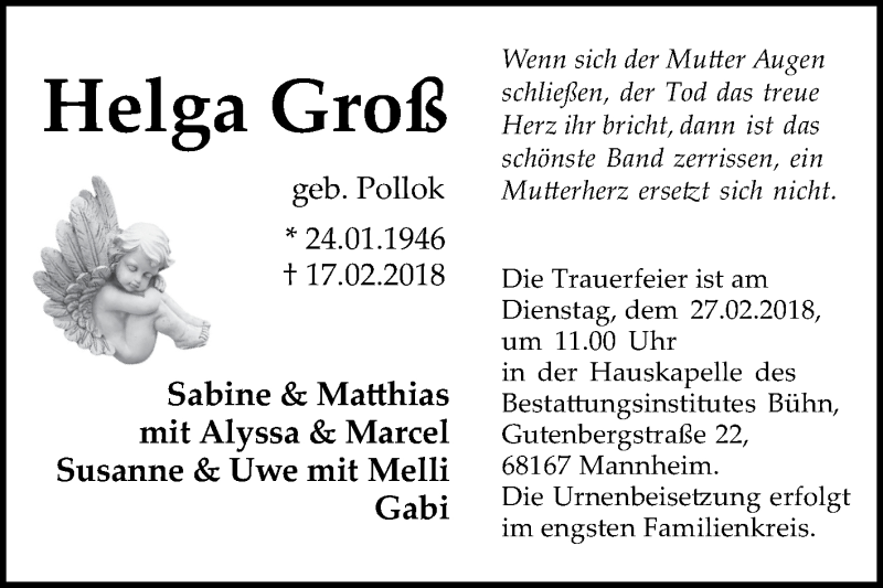  Traueranzeige für Helga Groß vom 26.02.2018 aus Mannheimer Morgen