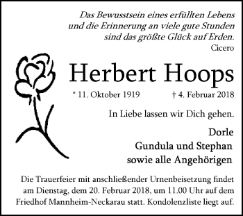 Traueranzeige von Herbert Hoops von Mannheimer Morgen