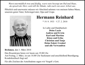 Traueranzeige von Hermann Reinhard von Fränkische Nachrichten