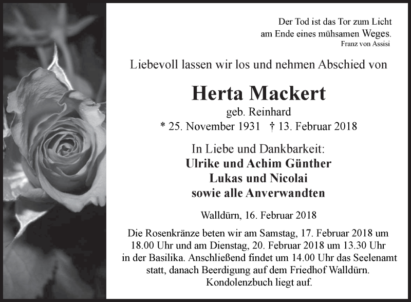 Traueranzeige für Herta Mackert vom 16.02.2018 aus Fränkische Nachrichten