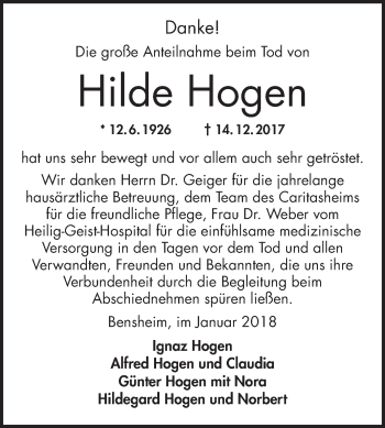 Traueranzeige von Hilde Hogen von Bergsträßer Anzeiger