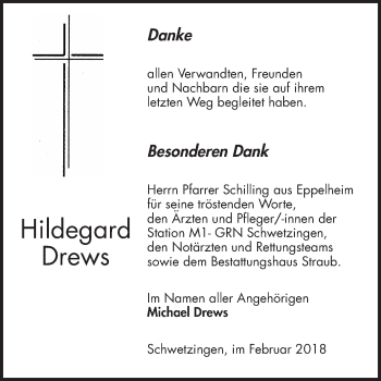 Traueranzeige von Hildegard Drews von Schwetzinger Zeitung