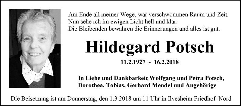  Traueranzeige für Hildegard Potsch vom 24.02.2018 aus Mannheimer Morgen