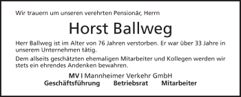 Traueranzeige von Horst Ballweg von Mannheimer Morgen