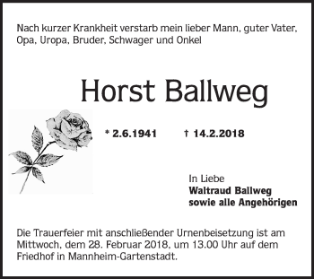 Traueranzeige von Horst Ballweg von Mannheimer Morgen