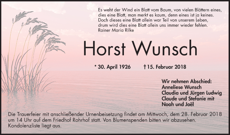  Traueranzeige für Horst Wunsch vom 24.02.2018 aus Schwetzinger Zeitung