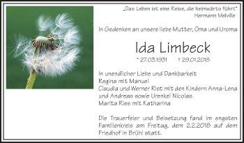 Traueranzeige von Ida Limbeck von Mannheimer Morgen / Schwetzinger Zeitung