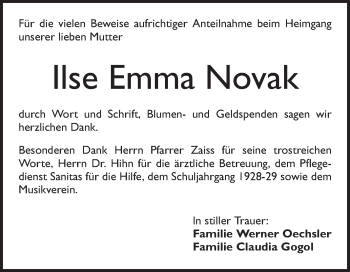 Traueranzeige von Ilse Emma Novak von Schwetzinger Zeitung