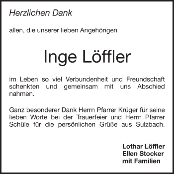 Traueranzeige von Inge Löffler von Mannheimer Morgen