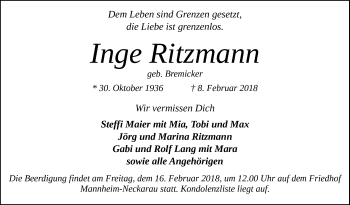 Traueranzeige von Inge Ritzmann von Mannheimer Morgen