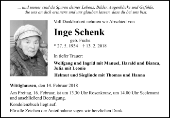 Traueranzeige von Inge Schenk von Fränkische Nachrichten
