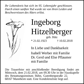 Traueranzeige von Ingeborg Hitzelberger von Mannheimer Morgen