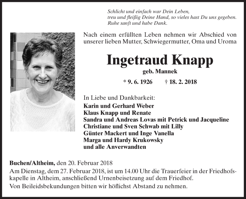  Traueranzeige für Ingetraud Knapp vom 21.02.2018 aus Fränkische Nachrichten