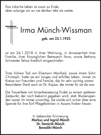 Traueranzeige von Irma Münch-Wissmann von Mannheimer Morgen / Schwetzinger Zeitung