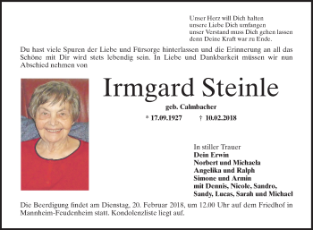Traueranzeige von Irmgard Steinle von Mannheimer Morgen