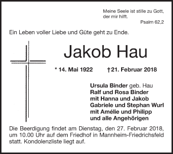 Traueranzeige von Jakob Hau von Mannheimer Morgen