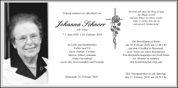 Traueranzeige von Johanna Schnorr von Fränkische Nachrichten