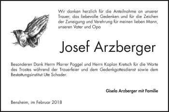 Traueranzeige von Josef Arzberger von Bergsträßer Anzeiger