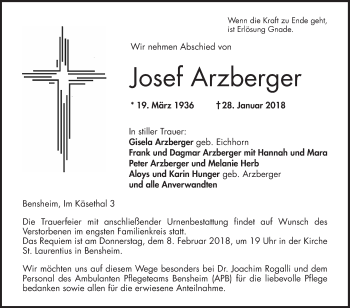 Traueranzeige von Josef Arzberger von Bergsträßer Anzeiger