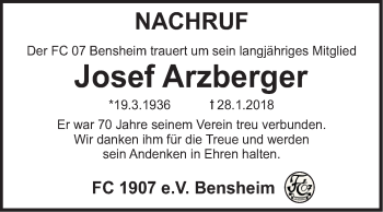 Traueranzeige von Josef Arzberger von Bergsträßer Anzeiger