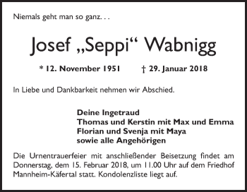 Traueranzeige von Josef Wabnigg von Mannheimer Morgen / Schwetzinger Zeitung