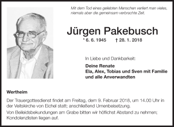 Traueranzeige von Jürgen Pakebusch von Fränkische Nachrichten