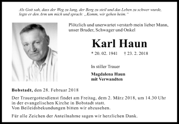 Traueranzeige von Karl Haun von Fränkische Nachrichten