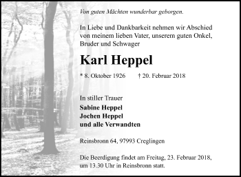 Traueranzeige von Karl Heppel von Fränkische Nachrichten
