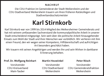 Traueranzeige von Karl Stirnkorb von Fränkische Nachrichten