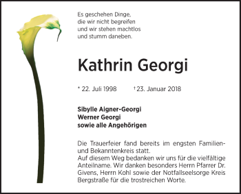 Traueranzeige von Kathrin Georgi von Mannheimer Morgen / Schwetzinger Zeitung