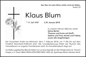 Traueranzeige von Klaus Blum von Mannheimer Morgen / Schwetzinger Zeitung