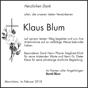 Traueranzeige von Klaus Blum von Mannheimer Morgen