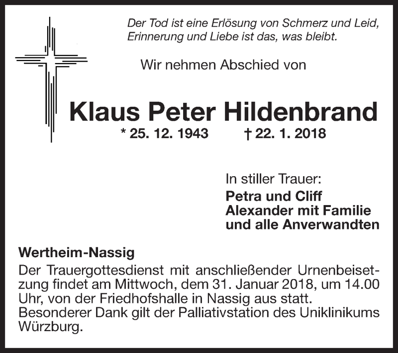 Traueranzeigen Von Klaus Peter Hildenbrand Trauerportal Ihrer