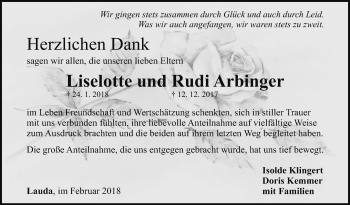 Traueranzeige von Liselotte Arbinger von Fränkische Nachrichten