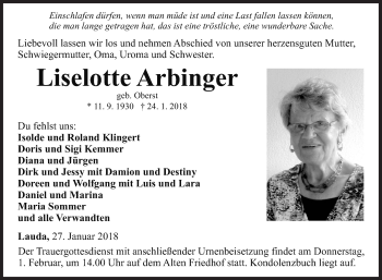 Traueranzeige von Liselotte Arbinger von Fränkische Nachrichten