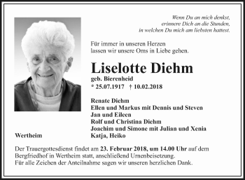 Traueranzeige von Liselotte Diehm von Fränkische Nachrichten