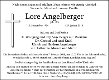 Traueranzeige von Lore Angelberger von Mannheimer Morgen / Schwetzinger Zeitung