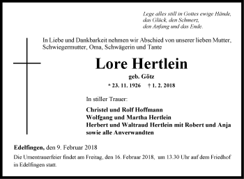 Traueranzeige von Lore Hertlein von Fränkische Nachrichten