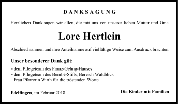 Traueranzeige von Lore Hertlein von Fränkische Nachrichten