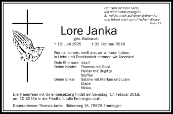 Traueranzeige von Lore Janka von Fränkische Nachrichten