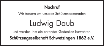 Traueranzeige von Ludwig Daub von Schwetzinger Zeitung