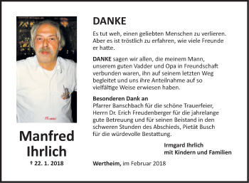 Traueranzeige von Manfred Ihrlich von Fränkische Nachrichten