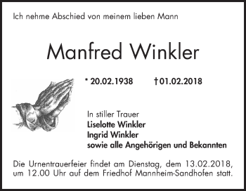 Traueranzeige von Manfred Winkler von Mannheimer Morgen