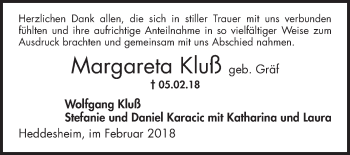 Traueranzeige von Margareta Kluß von Mannheimer Morgen