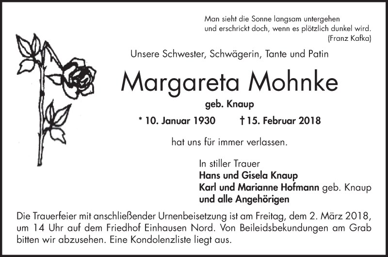  Traueranzeige für Margareta Mohnke vom 24.02.2018 aus Bergsträßer Anzeiger