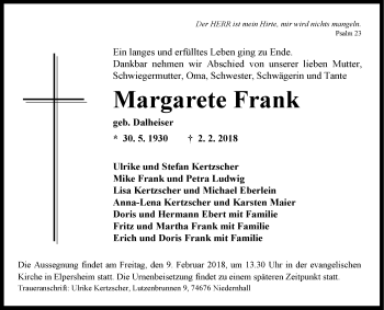 Traueranzeige von Margarete Frank von Fränkische Nachrichten