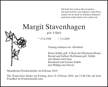 Traueranzeige von Margit Stavenhagen von Mannheimer Morgen