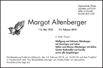 Traueranzeige von Margot Altenberger von Schwetzinger Zeitung